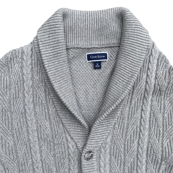 Club Room Cable Knit Shawl Collar Cardigan Men M Gray Grandpa Old Money Academia - Picture 2 of 16